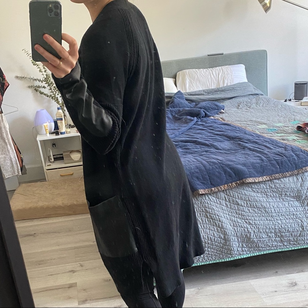 knit long cardigan with faux leather detailing